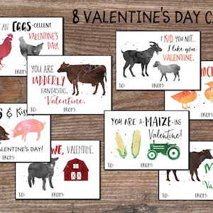 Cartes de Saint-Valentin pour enfants pour l'école. Pour garçons filles. Téléchargement instantané PDF imprimable DIY. Tracteur agricole grange animaux vache cochon coq canard kvc