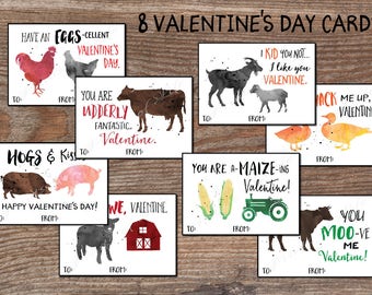 Valentinstagskarten für die Schule. Für Jungen Mädchen. Sofortiger Download Pdf druckbar DIY. Bauernhof Traktor Scheune Tiere Kuh Schwein Hahn Ente kvc