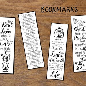 May include: Three black and white bookmarks with religious quotes and illustrations. The first bookmark features a lamp and the quote "Thy Word is a Lamp unto my feet and a Light unto my Path. Psalm 119:105". The second bookmark features a lamp and the quote "Then spake Jesus again unto them, saying, I am the Light of the world: He that followeth me shall not walk in darkness, but shall have the Light of Life. John 8:12". The third bookmark features a bird and the quote "If ye continue in my Word, then are ye my Disciples indeed: and ye shall know the Truth: and the truth shall make you Free. John 8:31-32".