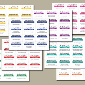 May include: A set of colorful printable family activity cards with different categories like "Arts & Crafts", "On the Computer", "Four Seasons", "Going Outdoors", "Every Place", and "Life Lessons".