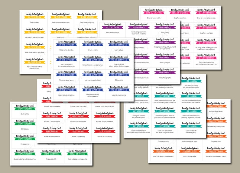 May include: A set of colorful printable family activity cards with different categories like "Arts & Crafts", "On the Computer", "Four Seasons", "Going Outdoors", "Every Place", and "Life Lessons".