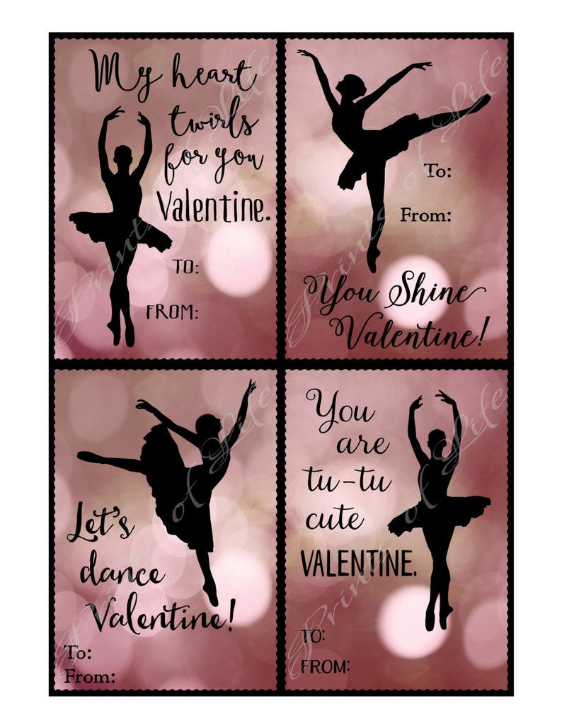 Ballerina Valentine's Day cards. For girls, teens, kids. Instant download printable dance cards. Classroom valentines. School valentine. kvc image 2