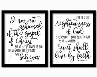 Set of 2 Christian chalkboard prints. Romans 1:16,17. I am not ashamed. The just shall live by faith. Instant download printable. Wall art.