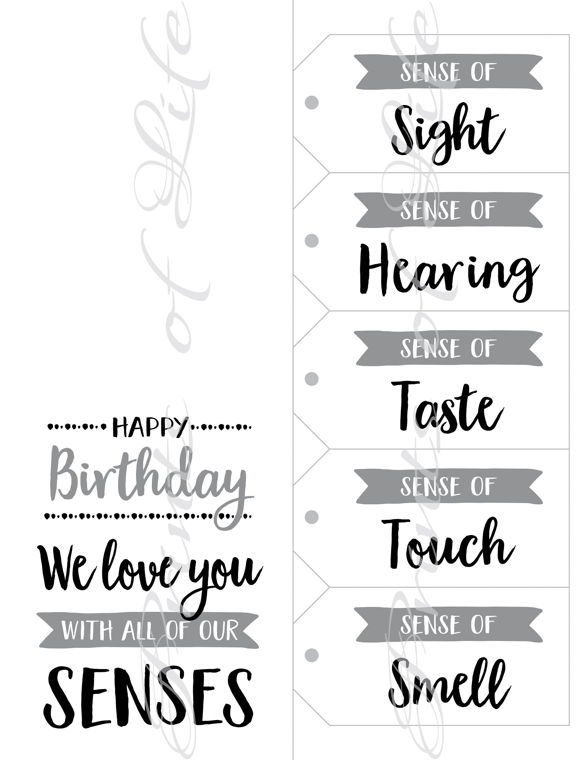 5 Senses Gift Tags & Birthday Card. Instant Download Printable