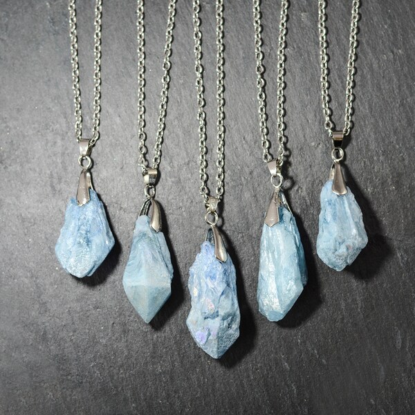 Iridescent Icy Blue Healing Crystal Quartz Necklace- Vintage Silver Aqua Nugget Stone Jewelry, Rough Raw Druzy Jewellery, Aurora Aura Boho