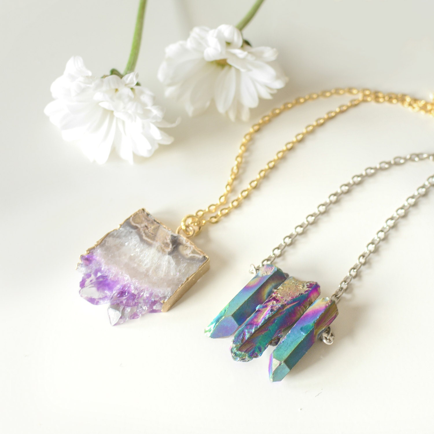 Triple Rainbow Healing Crystal Necklace Quartz-Silver Chain | Etsy