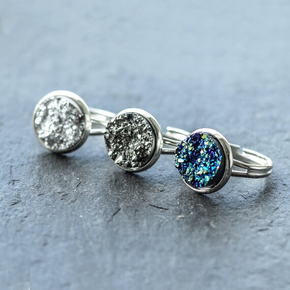 Silver Star Dust Druzy Cocktail RING-Quartz Crystal Boho Hippy Midi-Adjustable