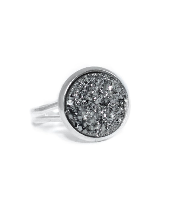 Silver Star Dust Druzy Cocktail RING-Quartz Crystal Boho Hippy Midi-Adjustable