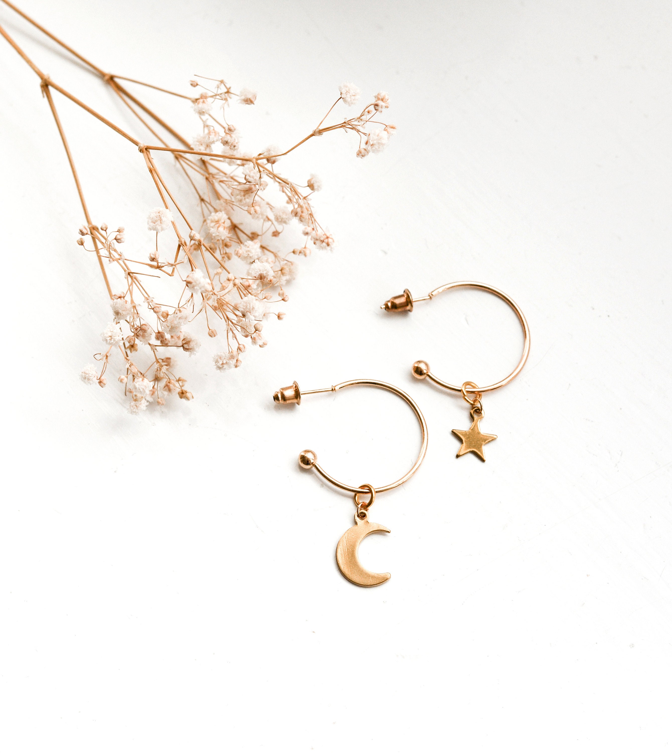 Moon & Star Gold Hoop Earrings Celestial Earrings Moon | Etsy