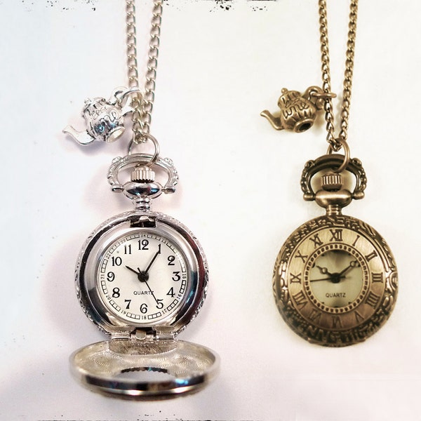 Alice in Wonderland Teapot Pocket Watch Necklace -Vintage Silver / Gold Clock Jewellery -Kitsch Gift Present - Bronze Charm- Long Necklace