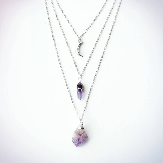 Triple Layer Chain Necklace Quartz Amethyst Crystal Gem Stone Boho Jewellery