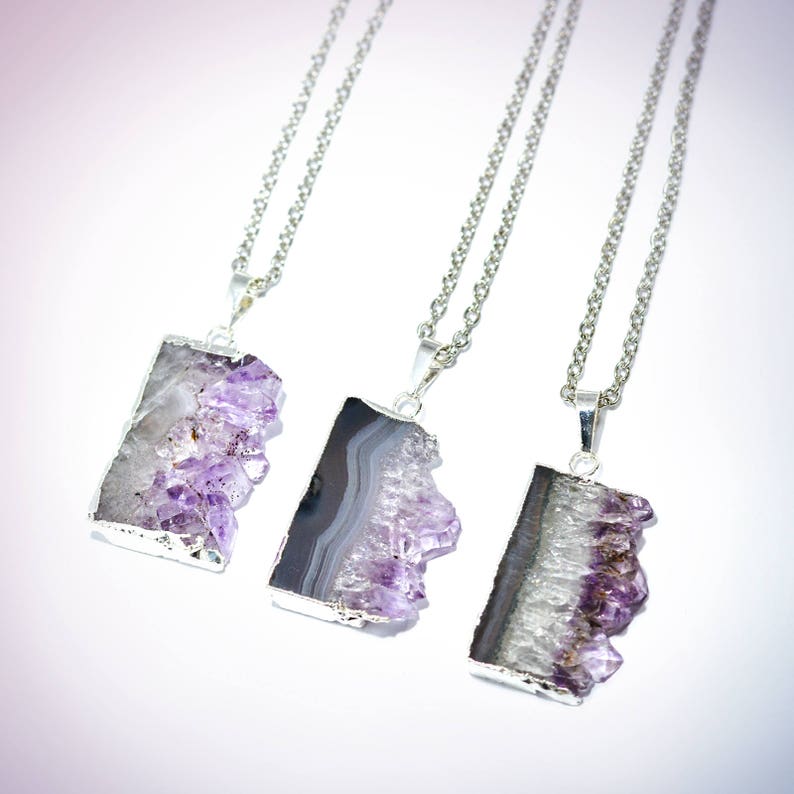 Raw Amethyst Crystal Agate Slice Necklace Boho Sideways | Etsy
