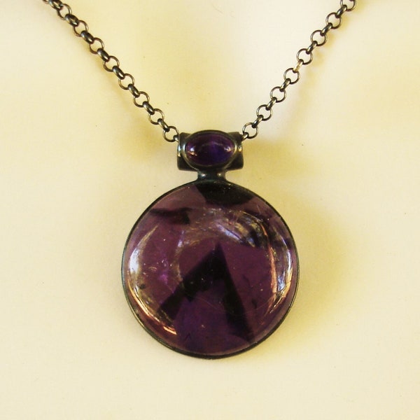 Amethyst moon necklace, oxidized silver jewelry