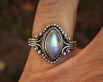 Moonstone ring size 6 1/4, rainbow moonstone rings, sterling silver jewelry