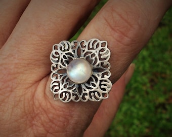 Rainbow moonstone ring size 9, sterling silver flower jewelry
