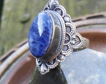 Blue sodalite ring size 7 3/4, oxidized 925 sterling silver jewelry