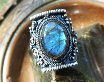 Labradorite ring size 7 1/2 ring, oxidized sterling silver rings, blue stone jewelry