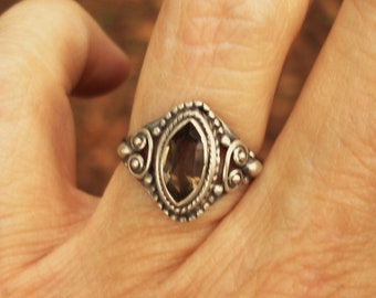 Smoky quartz ring size 6 1/2, oxidized 925 sterling silver marquise rings