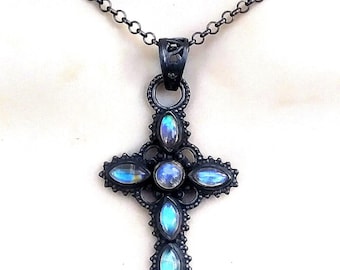 Moonstone cross oxidized sterling silver necklace, rosary style pendant
