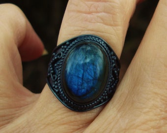 Blue labrdorite ring size 6 1/2, oxidized silver rings