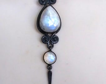 Moonstone necklace, spike jewelry, oxidized sterling silver pendant
