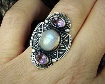 Large rainbow moonstone and amethyst size 6 1/2 ring, oxidized sterling silver jewelry