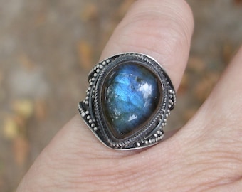 Labradorite ring size 6 1/4, oxidized sterling silver rings, blue labradorite jewelry