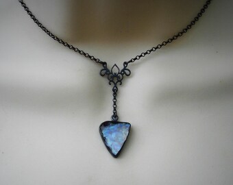 Rainbow moonstone necklace, oxidized sterling silver jewelry, gothic style pendant