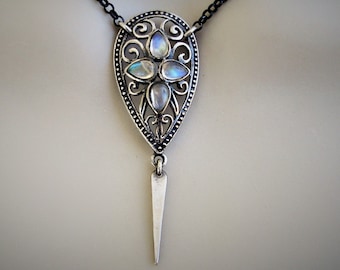 Moonstone necklace, oxidized sterling silver jewelry, medieval style pendant