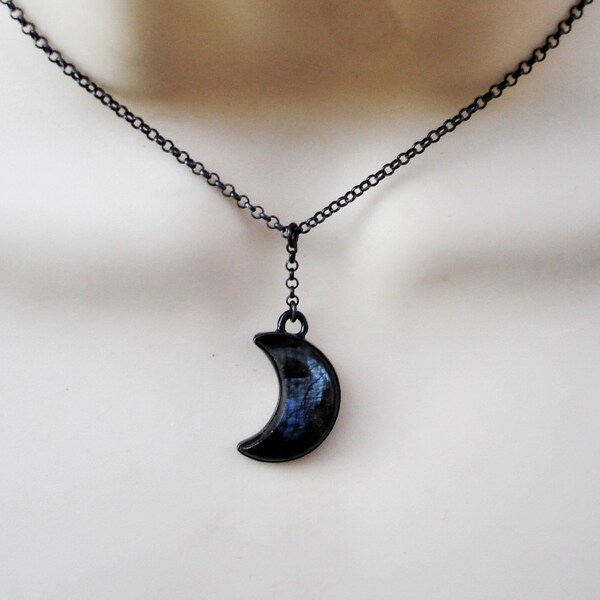 Larvikite crescent moon necklace, gothic black jewelry, large oxidized silver pendant