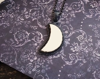 Mother of pearl crescent moon necklace, gothic moon jewelry, oxidized sterling silver pendant
