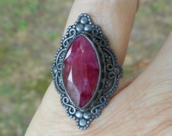 Red ruby ring size 5 3/4, oxidized silver rings, red stone jewelry
