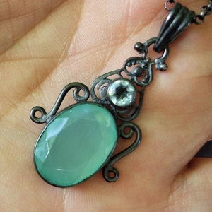 Chalcedony and blue topaz oxidized sterling silver necklace