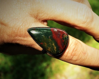 Bloodstone large triangle teardrop oxidized sterling silver ring in a size 9 1/4