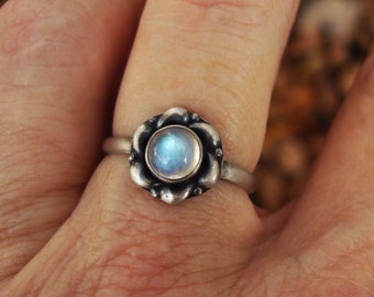 Rainbow moonstone ring size 8 1/4, round moonstone rings, oxidized 925 sterling silver jewelry