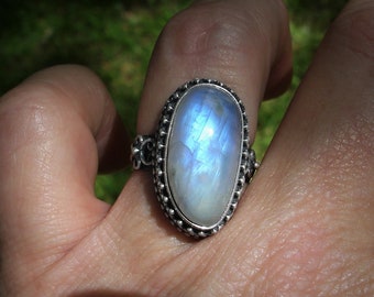Rainbow moonstone ring size 8, oxidized sterling silver jewelry, large rings