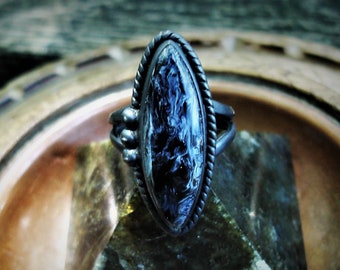 Black blue pietersite size 8 3/4 ring, marquise sterling silver rings, black stone jewelry