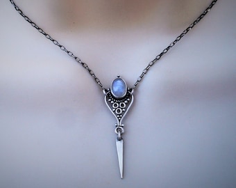 Rainbow moonstone necklace, sterling silver spike pendant, delicate blue moonstone jewelry