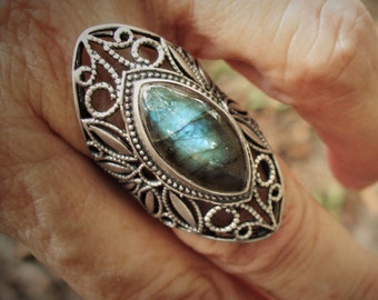 Large labradorite ring, size 8 rings, oxidized sterling silver jewelry