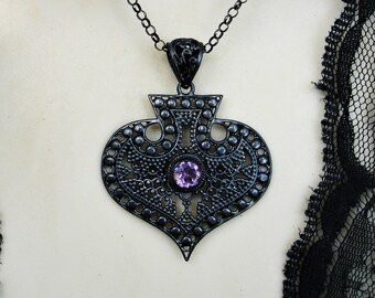 Purple amethyst necklace, oxidized sterling silver jewelry, medieval style pendant