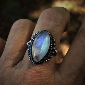 Rainbow moonstone ring size 8 1/4, oxidized sterling silver jewelry, blue moonstone rings