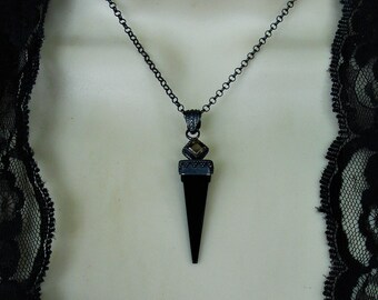 Black obsidian and smoky quartz spike necklace in oxidized sterling silver