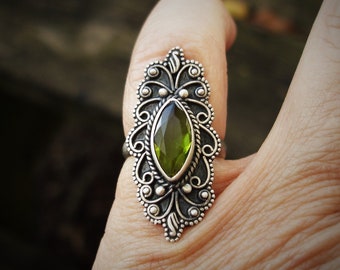 Green peridot marquise sterling silver ring size 4 3/4, August birthstone
