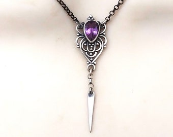 Amethyst teardrop necklace, oxidized sterling 925 silver jewelry