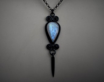 Moonstone necklace, spike jewelry, oxidized sterling silver pendant