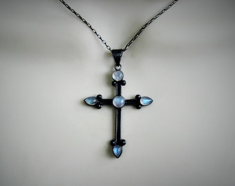 Rainbow moonstone cross necklace, oxidized sterling silver jewelry, gothic style pendant