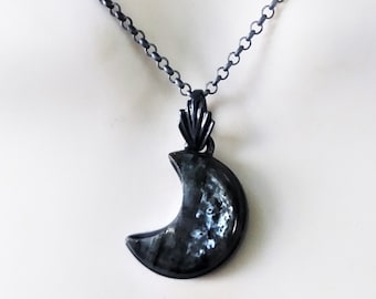 Larvikite crescent moon necklace, gothic black jewelry, oxidized sterling silver pendant