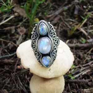 Rainbow moonstone ring size 6 1/2, oxidized sterling silver rings