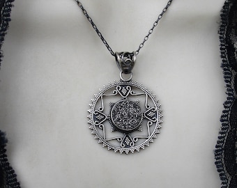 Hematite druzy necklace, oxidized sterling silver jewelry, medallion style pendant