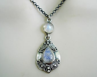 Rainbow moonstone necklace, oxidized sterling silver jewelry, gift ideas for her